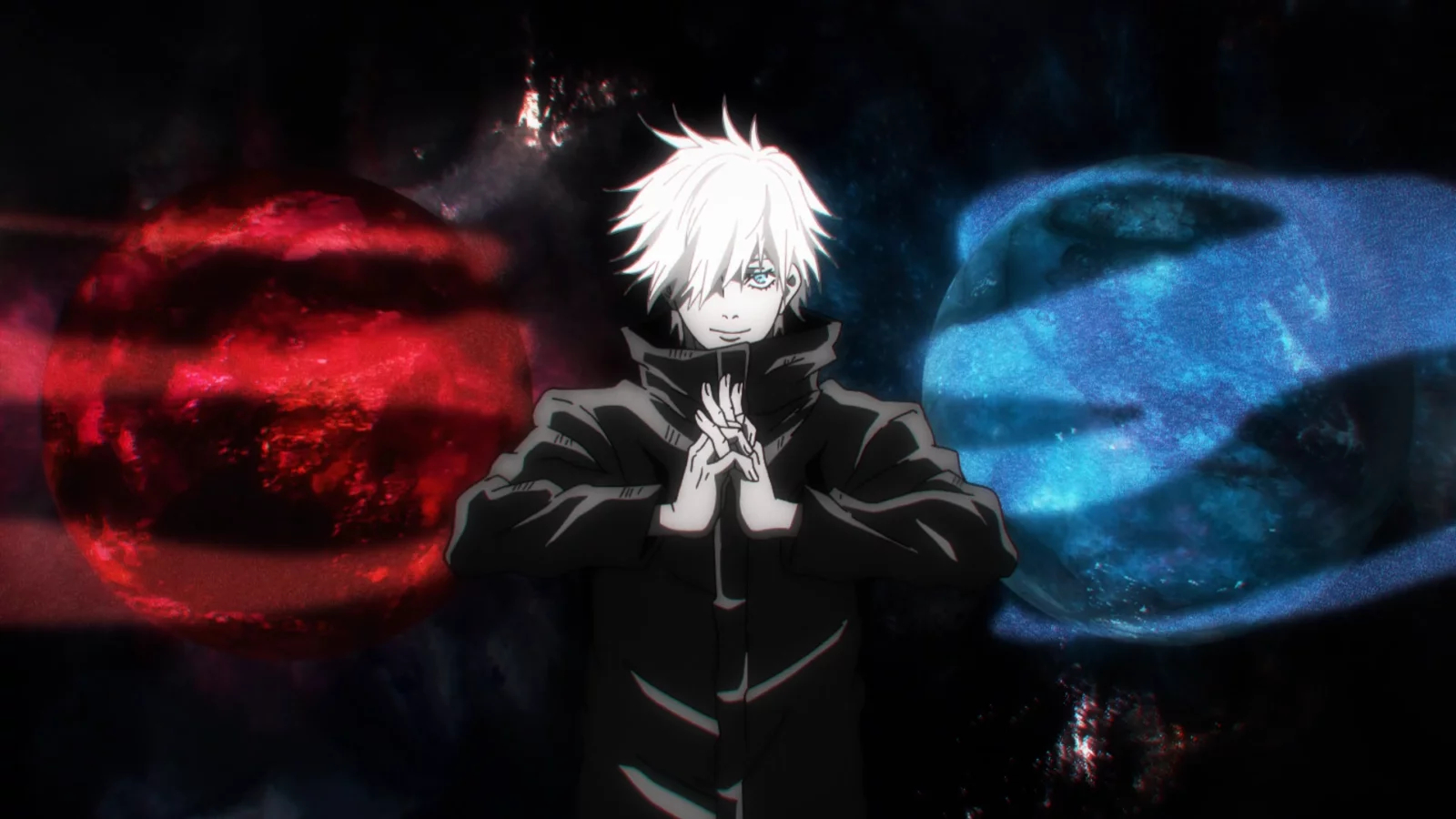 Gojo Satoru activating his Limitless technique with Red and Blue orbs in Jujutsu Kaisen
