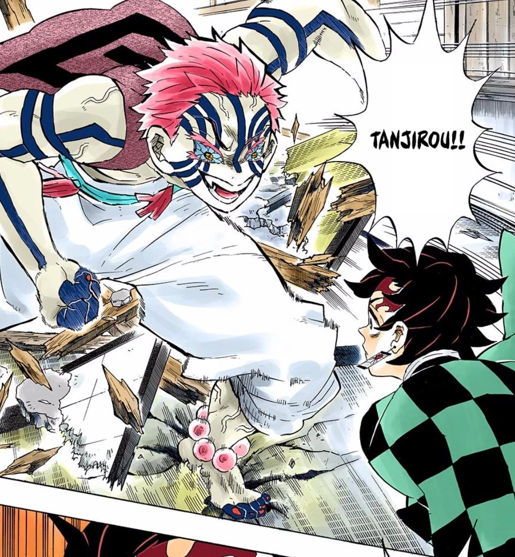 Akaza (Upper Rank Three demon) faces off against Tanjiro Kamado in the Infinity Castle arc