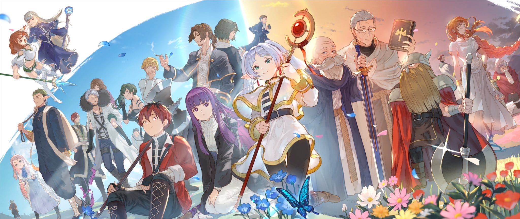 Full cast illustration of Frieren Beyond Journey's End featuring Frieren, Fern, Stark, and supporting characters