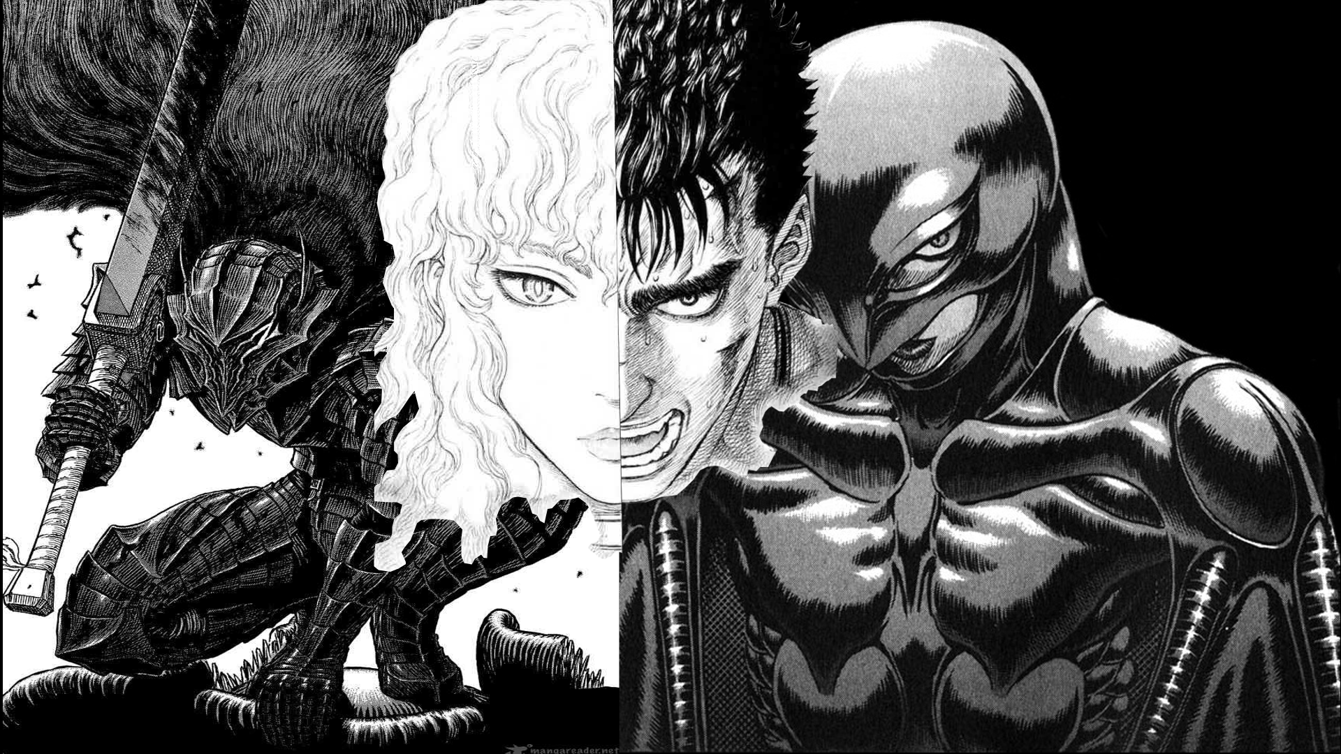 Griffith from Berserk showing his human form and Femto transformation alongside Guts