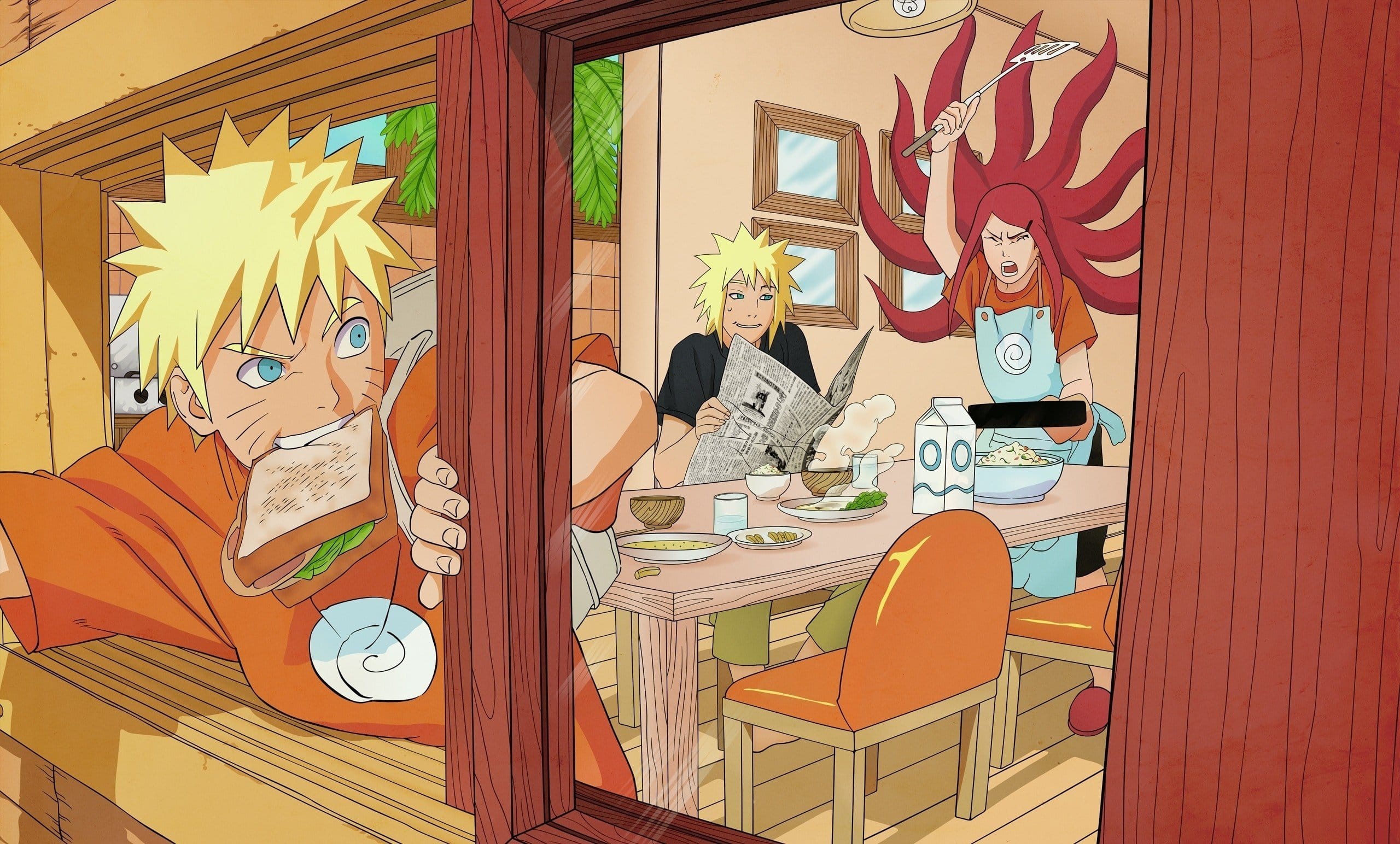 Naruto Uzumaki family scene with Minato and Kushina at breakfast