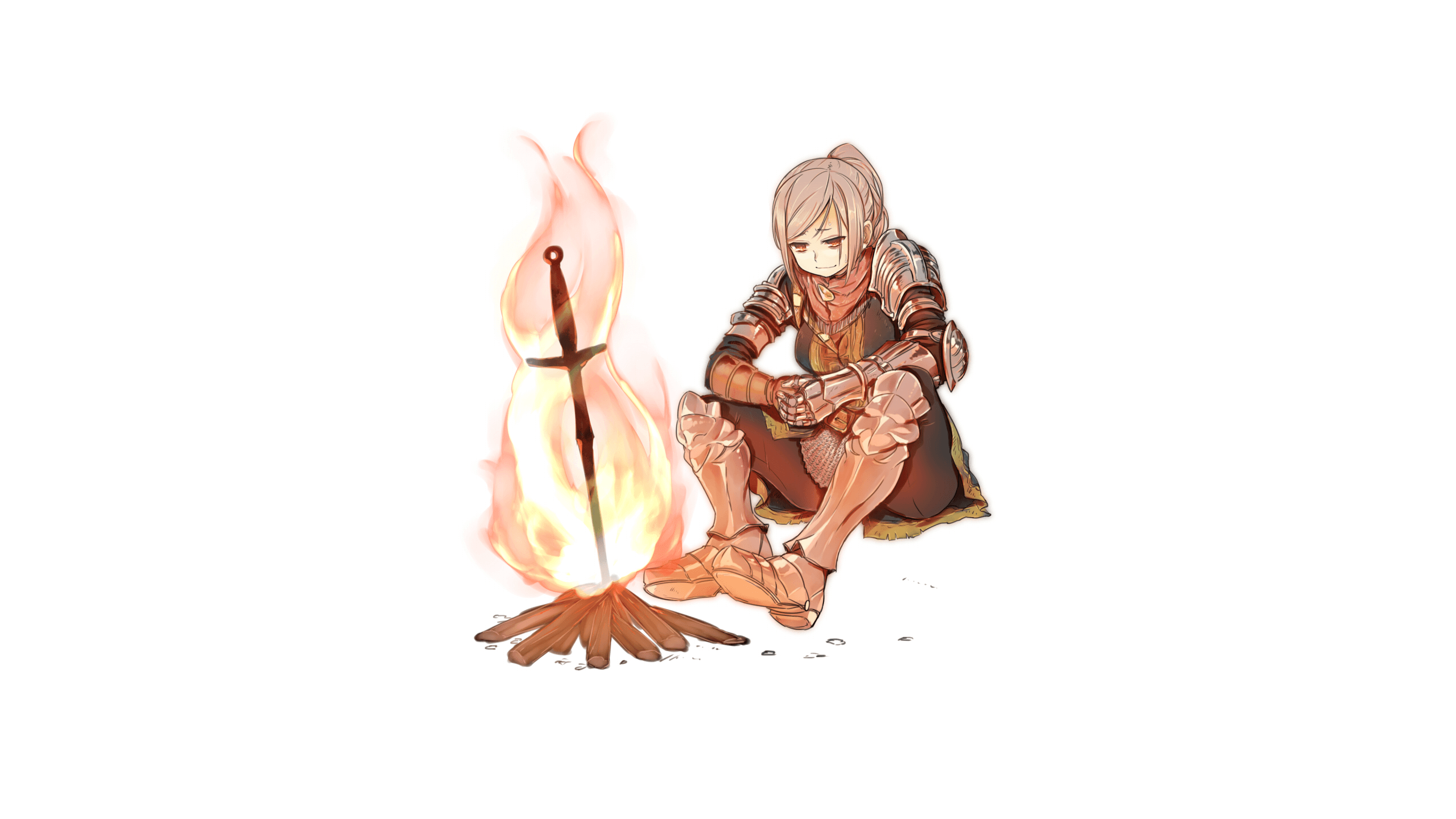 Dark fantasy anime character at a bonfire in a desolate landscape