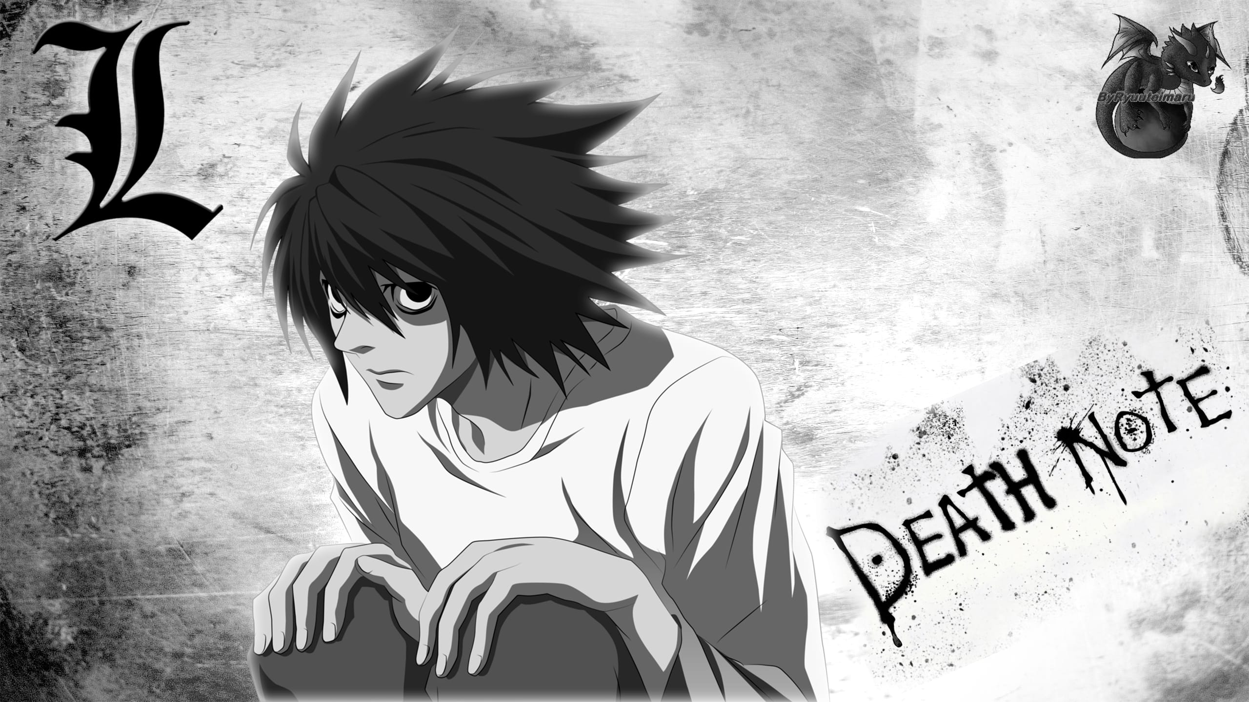 L Lawliet sitting in his signature crouched position, holding a teacup, staring intensely at a monitor