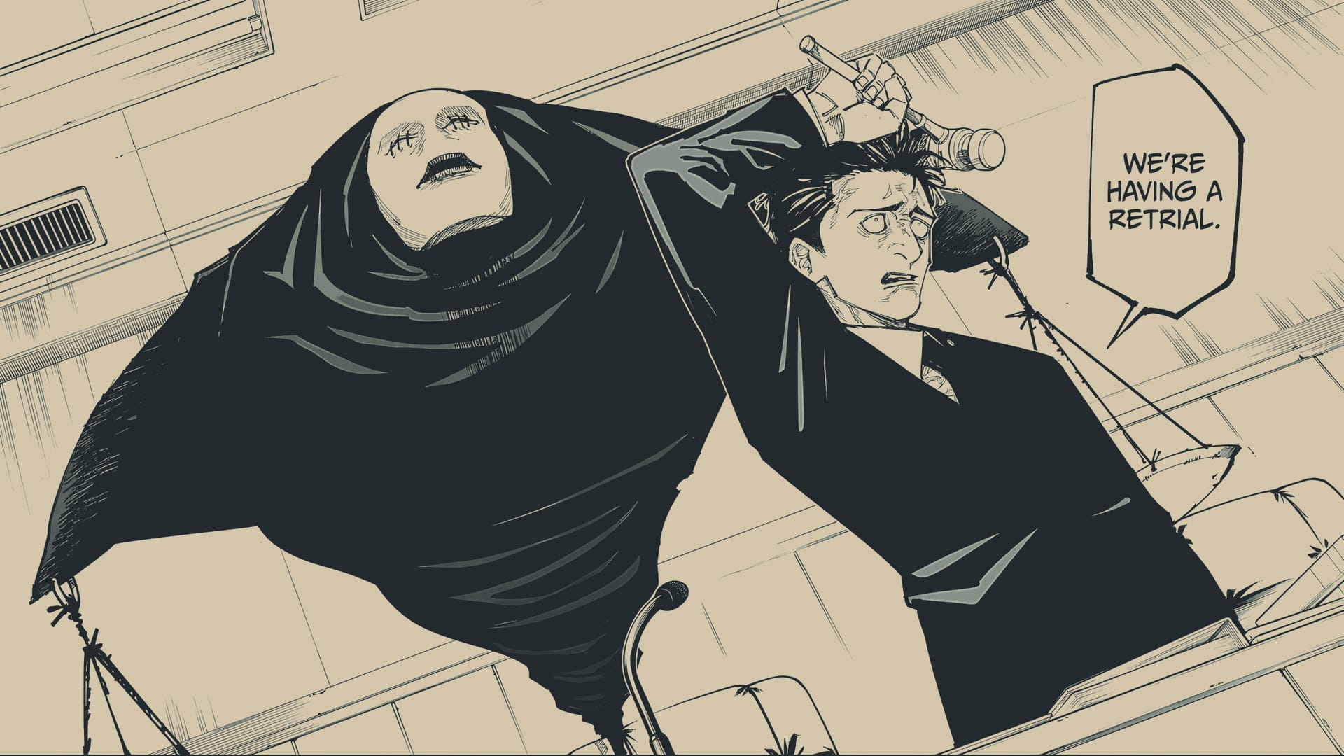 Courtroom scene from Jujutsu Kaisen - Higuruma's Deadly Sentencing domain