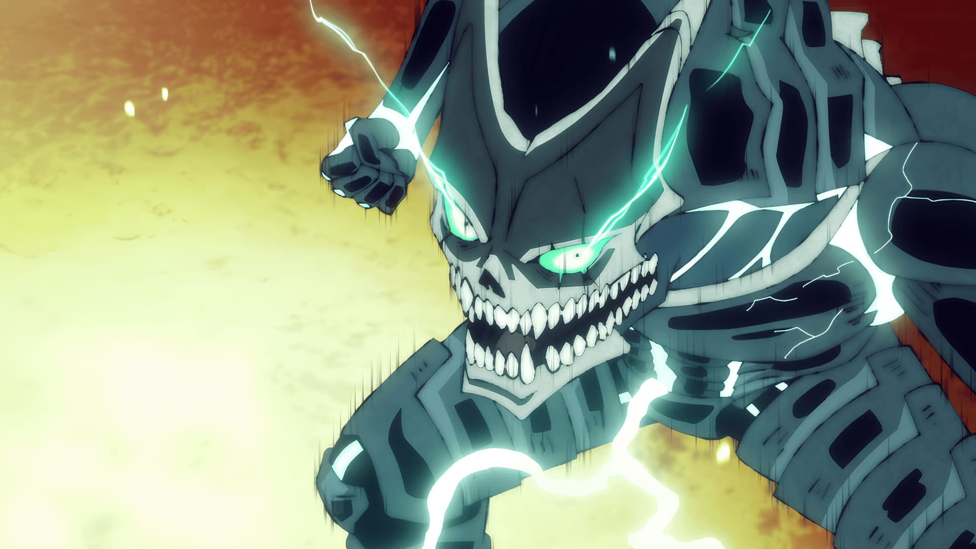 Kafka Hibino in Kaiju No. 8 form with glowing green eyes and crackling energy