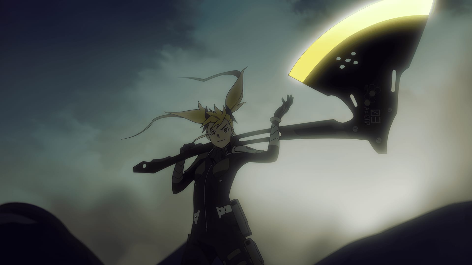Kikoru Shinomiya swinging her axe in Defense Force combat gear