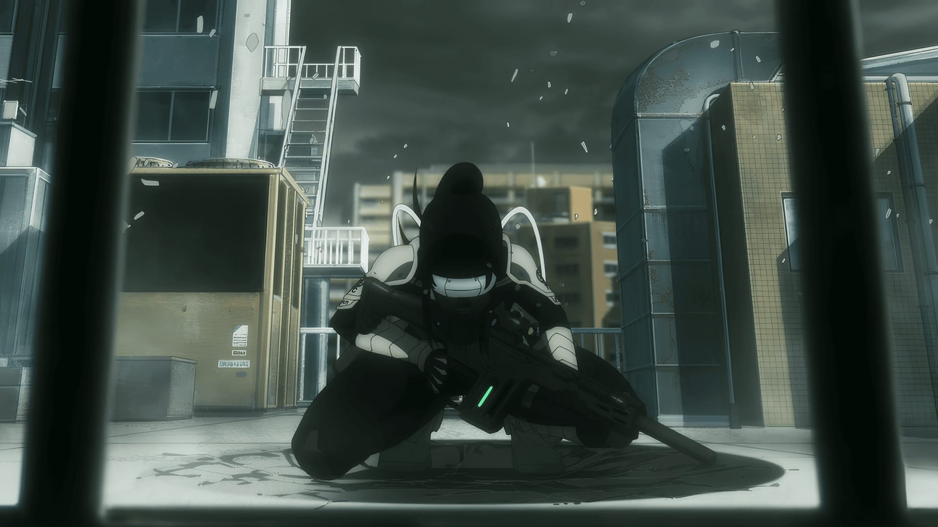Defense Force officer crouched with a rifle during an urban Kaiju No. 8 operation