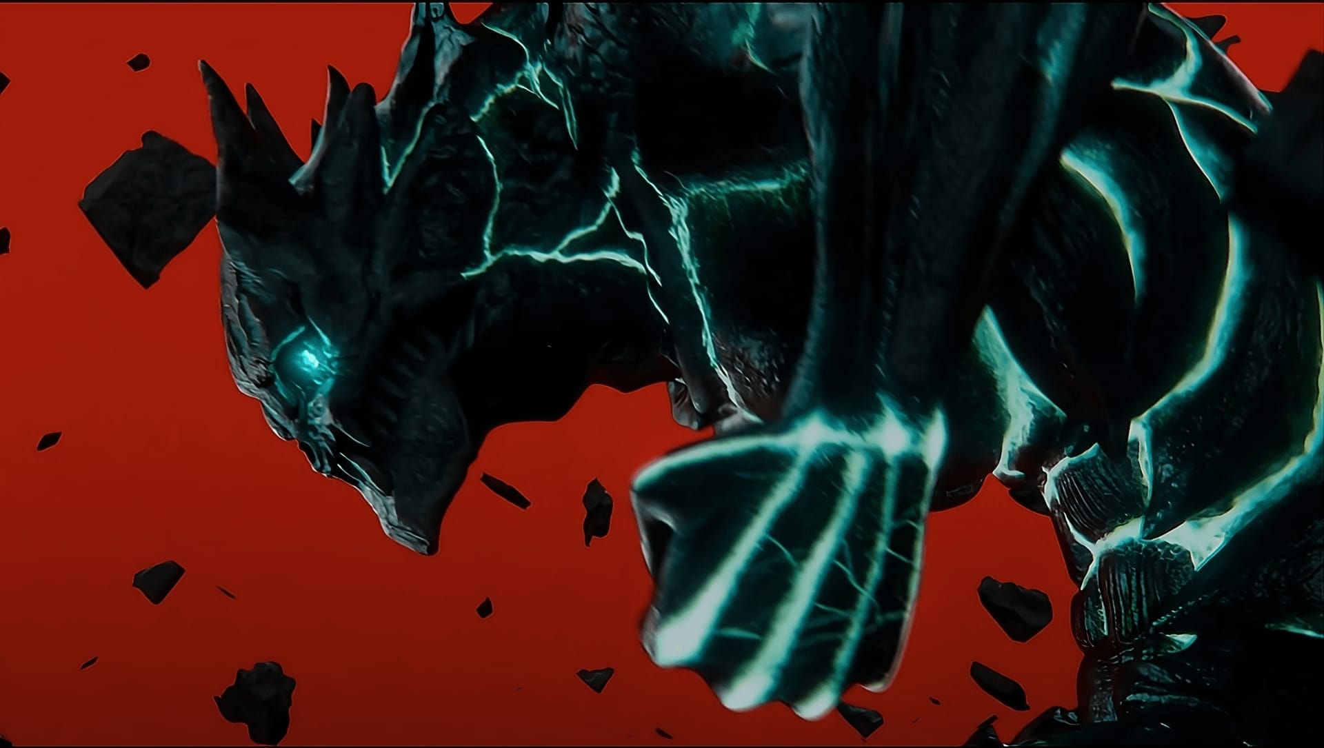 Kaiju No. 8 full monster form throwing a massive punch through debris