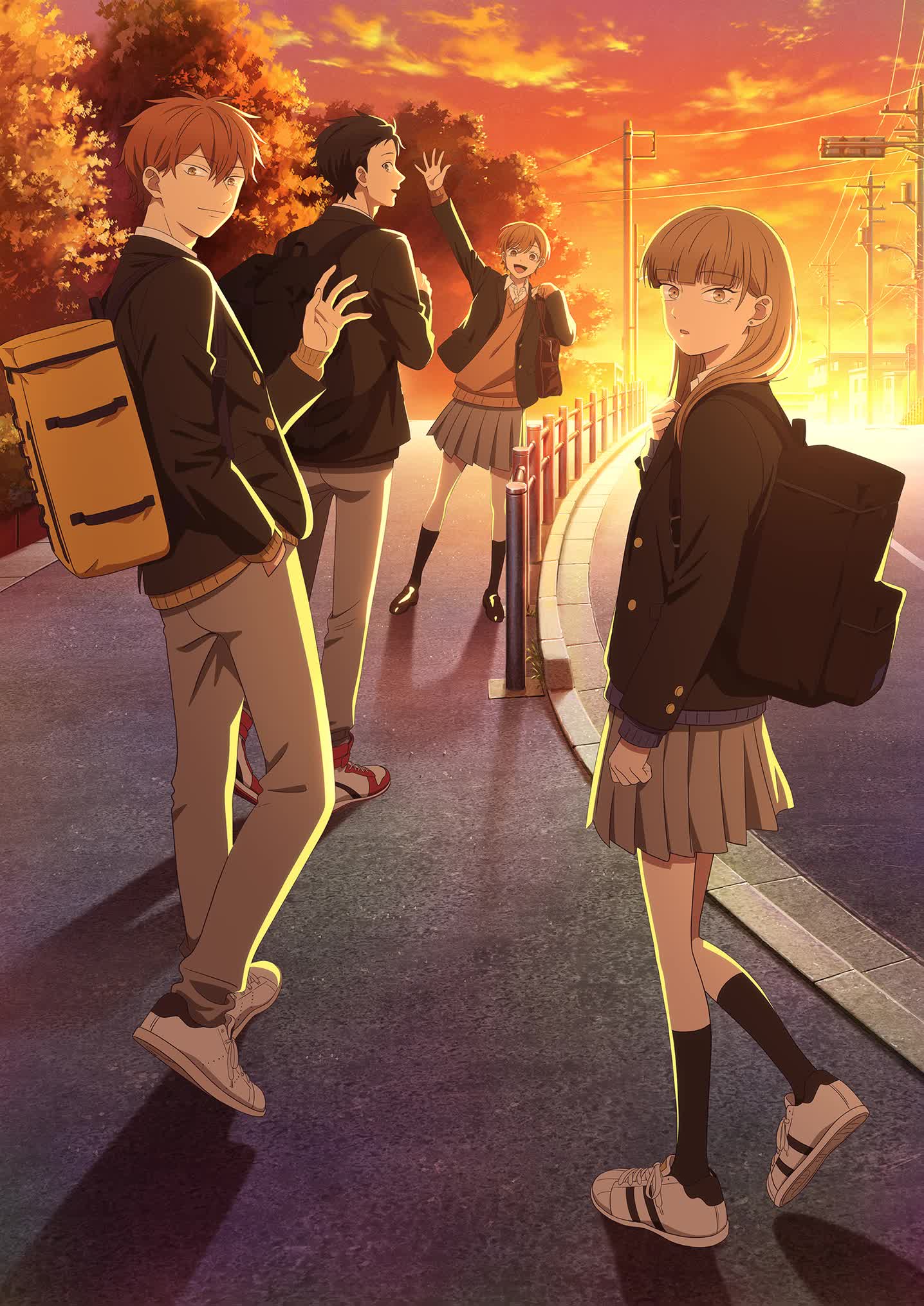 Sunset promotional visual from The Ramparts of Ice anime showing the four main characters walking together
