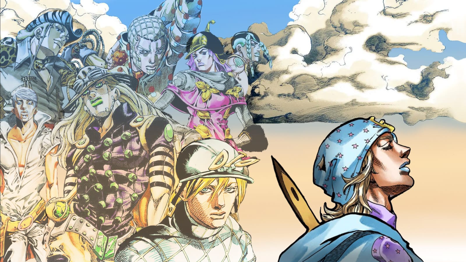 Steel Ball Run cast artwork featuring Johnny Joestar, Gyro Zeppeli, Diego Brando, and Funny Valentine