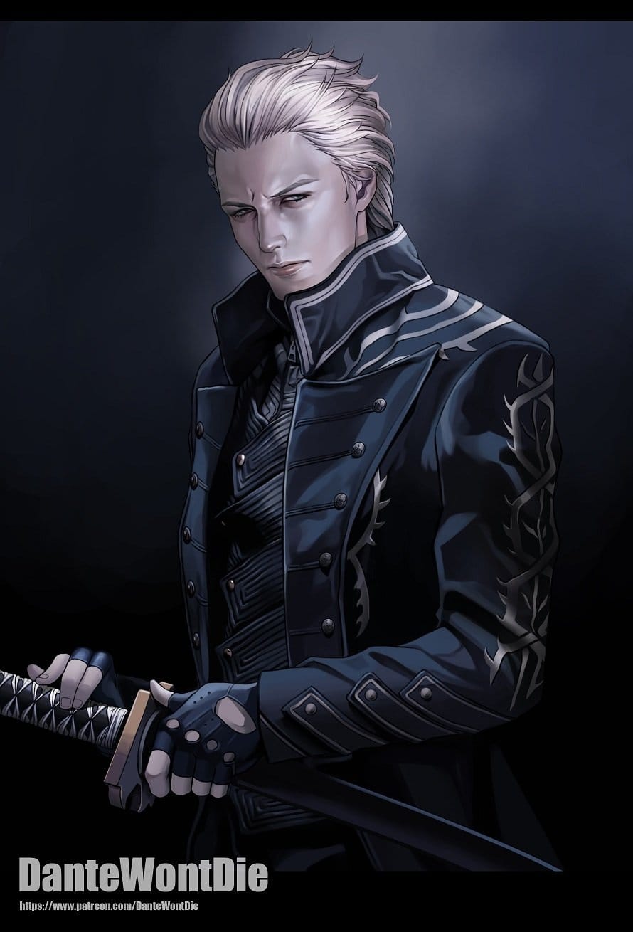 Vergil holding Yamato in Devil May Cry artwork