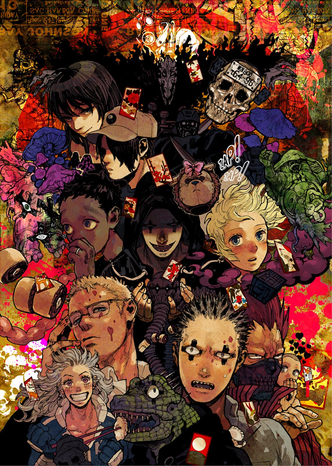 Dorohedoro cast collage featuring Caiman, Nikaido, and the En family