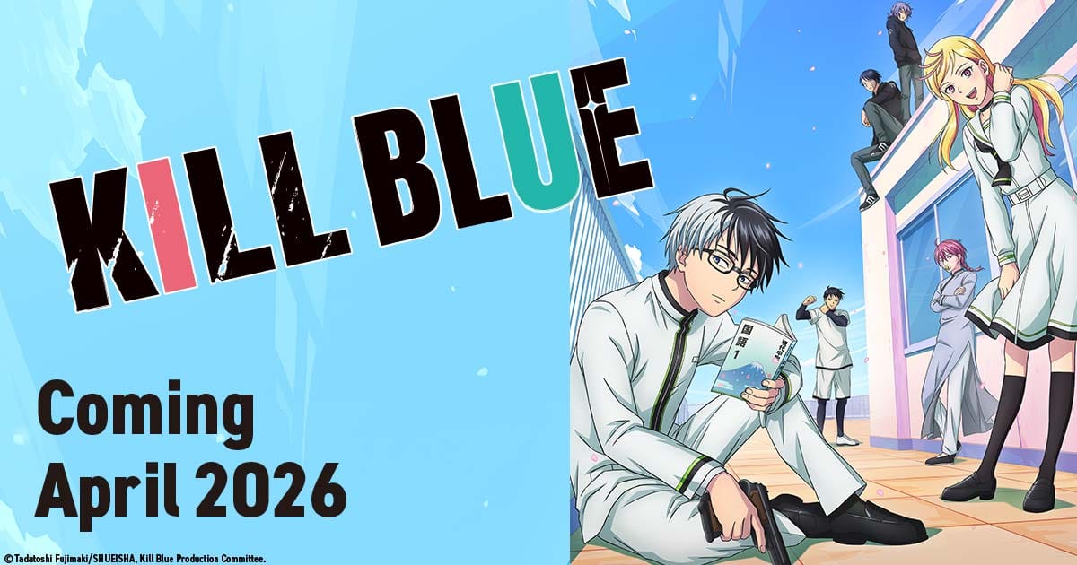 Kill Blue anime key visual featuring Juzo Ogami, Noren Mitsuoka, and other characters in a school setting.