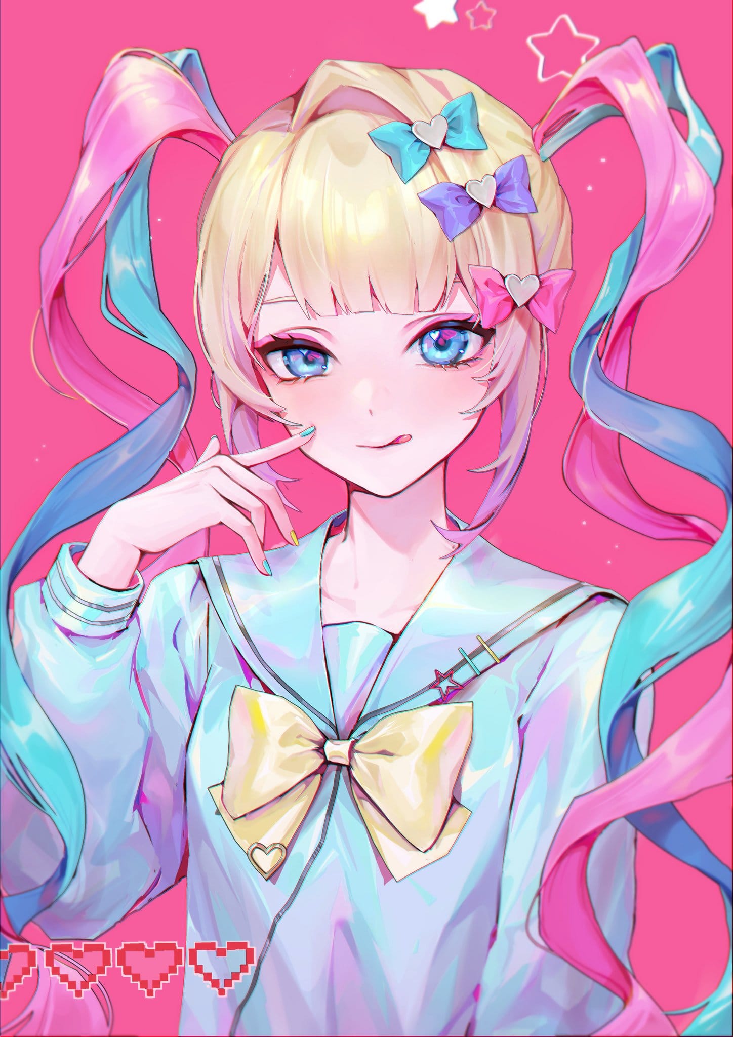 Needy Girl Overdose KAngel close-up portrait with pink bows and pastel aesthetic