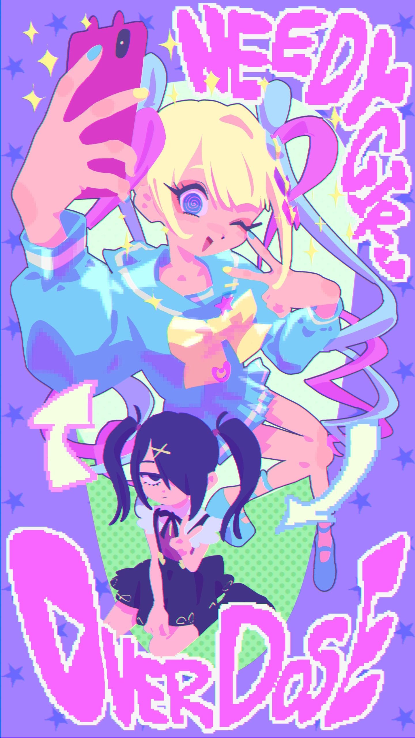Needy Girl Overdose anime - KAngel and Ame-chan dual persona with pink and dark aesthetic