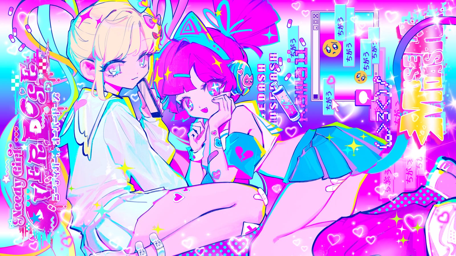 Needy Girl Overdose Ame-chan and P-chan intimate scene vaporwave aesthetic
