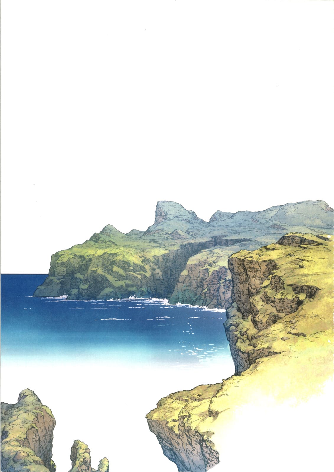 Witch Hat Atelier manga art style with watercolor coastal landscape