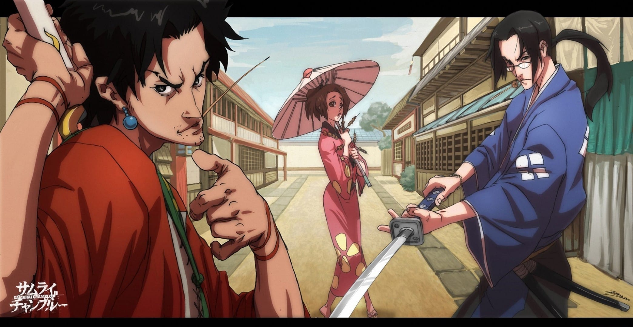 Samurai Champloo promotional art with Mugen Jin and Fuu in a traditional Japanese street
