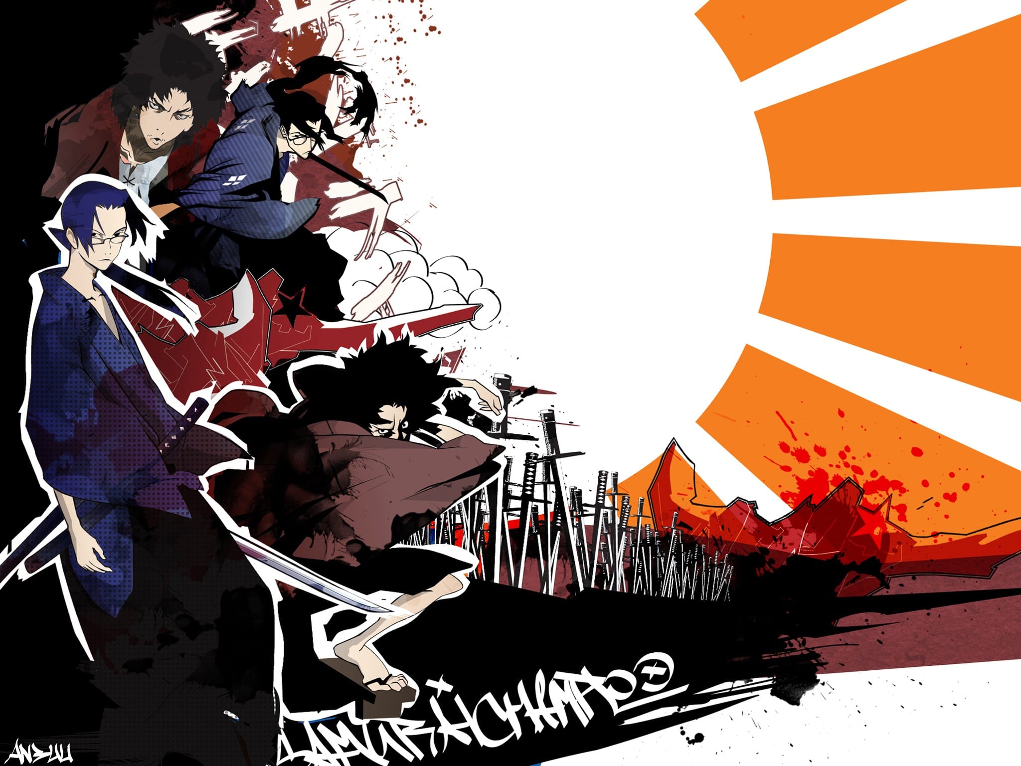 Samurai Champloo poster with Mugen and Jin against a red rising sun background