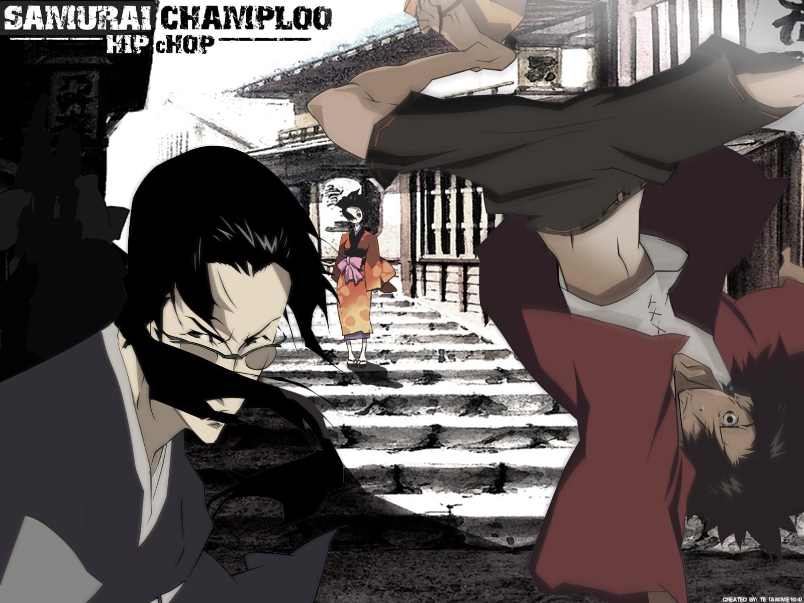 Samurai Champloo artwork with Mugen upside down, Jin, and Fuu in an Edo street scene