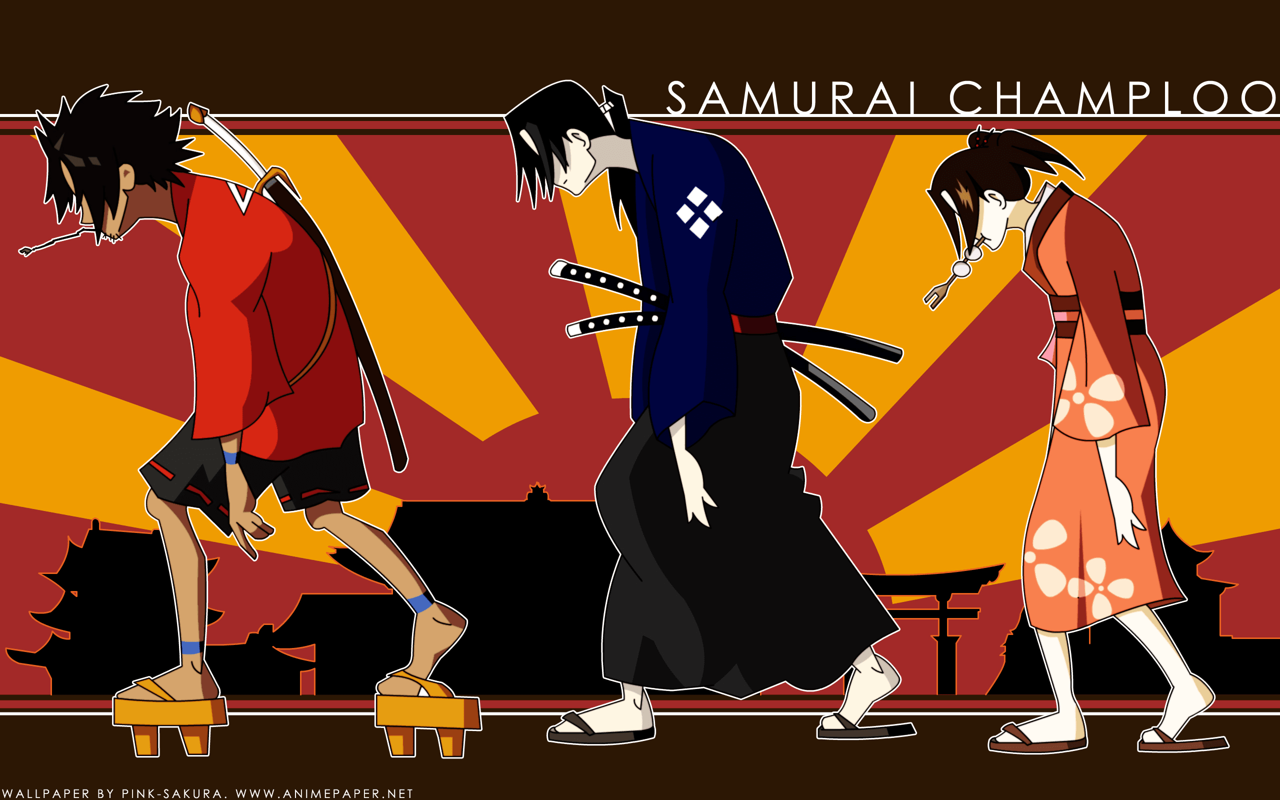 Samurai Champloo character art of Mugen Jin and Fuu walking against a geometric sunset backdrop