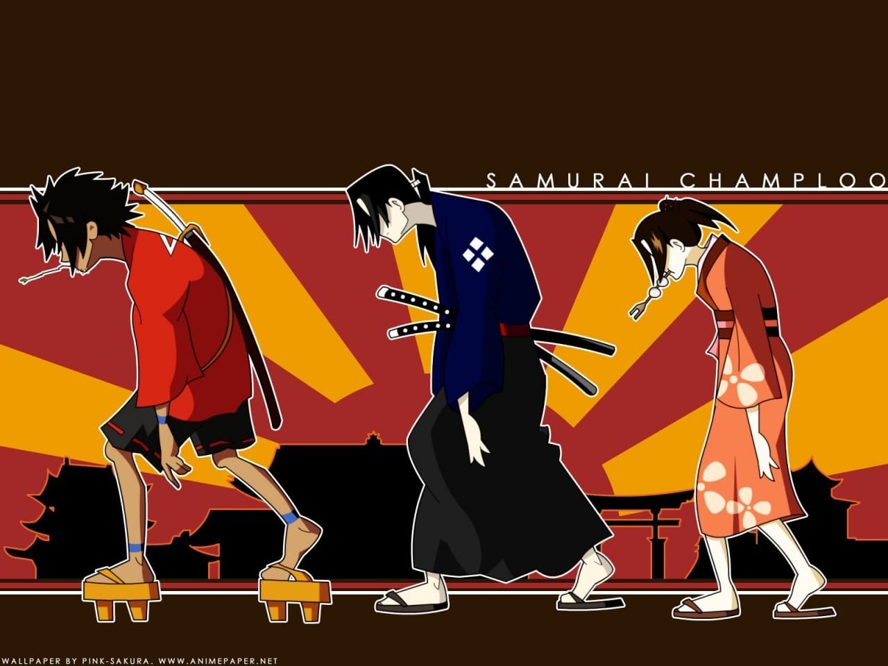 Three Samurai Champloo characters walking across a bold red and yellow stylized background
