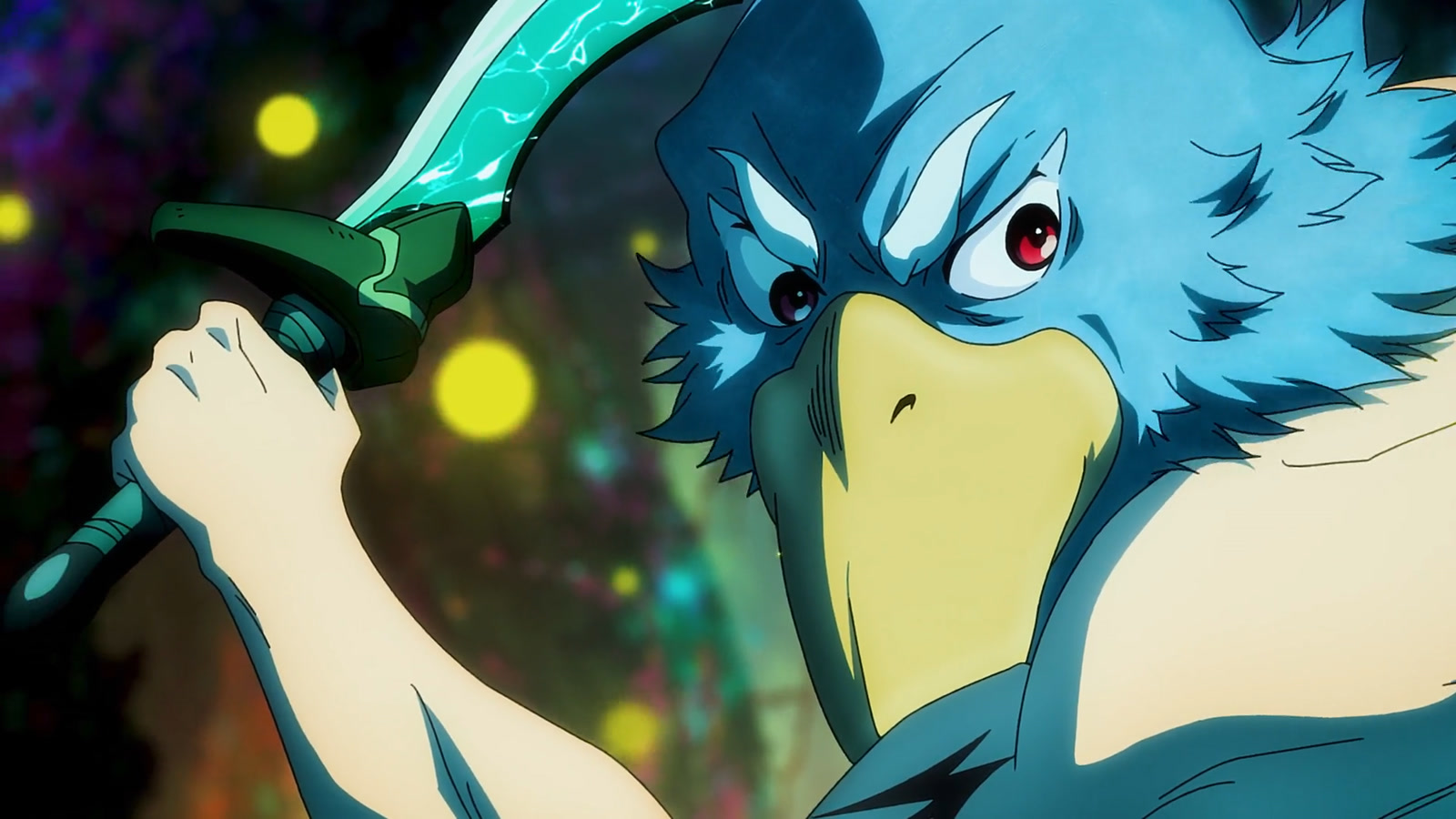 Sunraku with his signature confident grin and dual-wielding stance